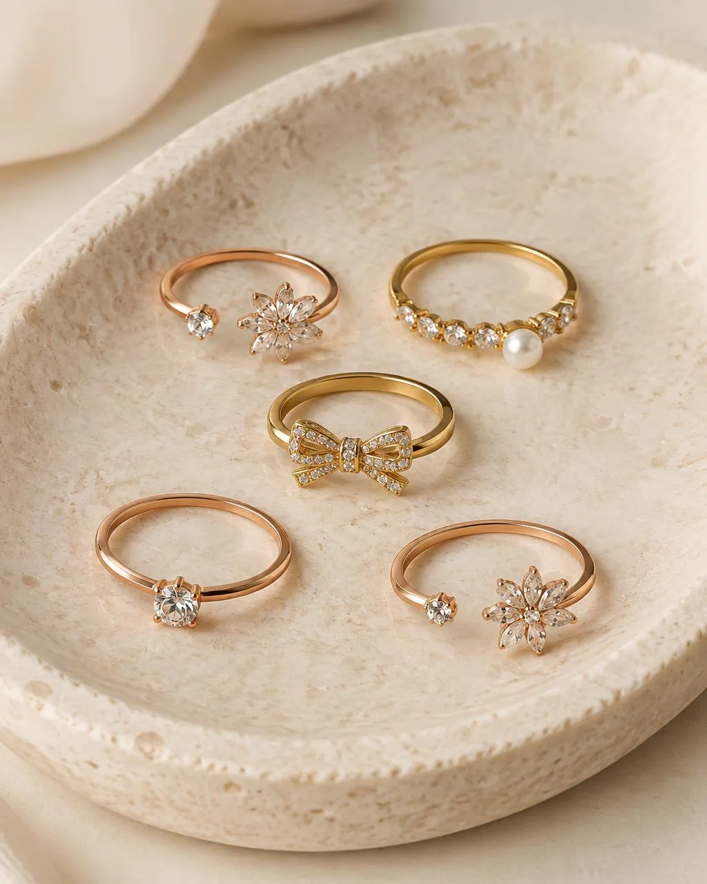Assorted crystal fashion rings on a stone tray