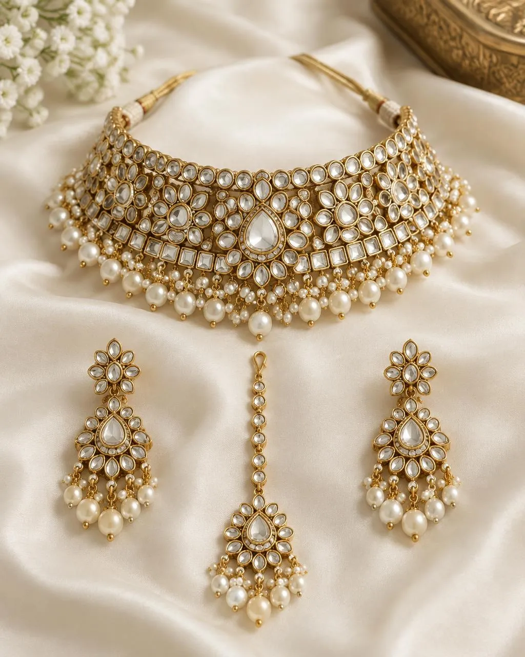 Kundan-style choker set with earrings and maang tikka on ivory silk