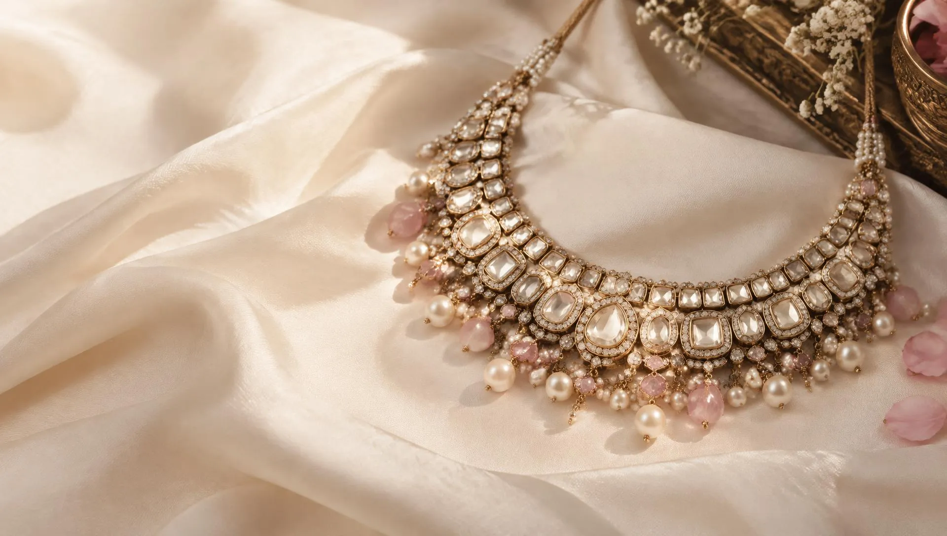 Kundan-style bridal necklace with pearls and rose stones on ivory silk