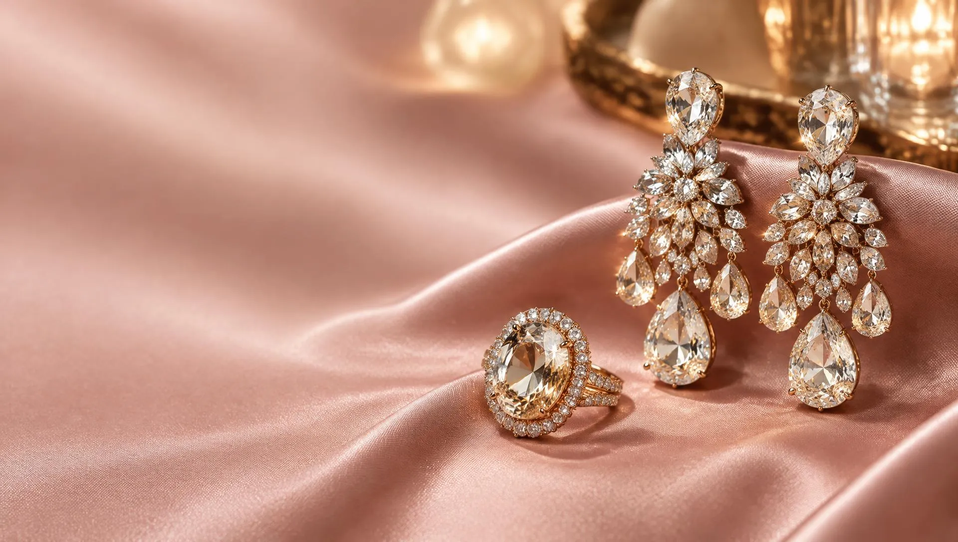 Crystal chandelier earrings and cocktail ring on blush rose satin